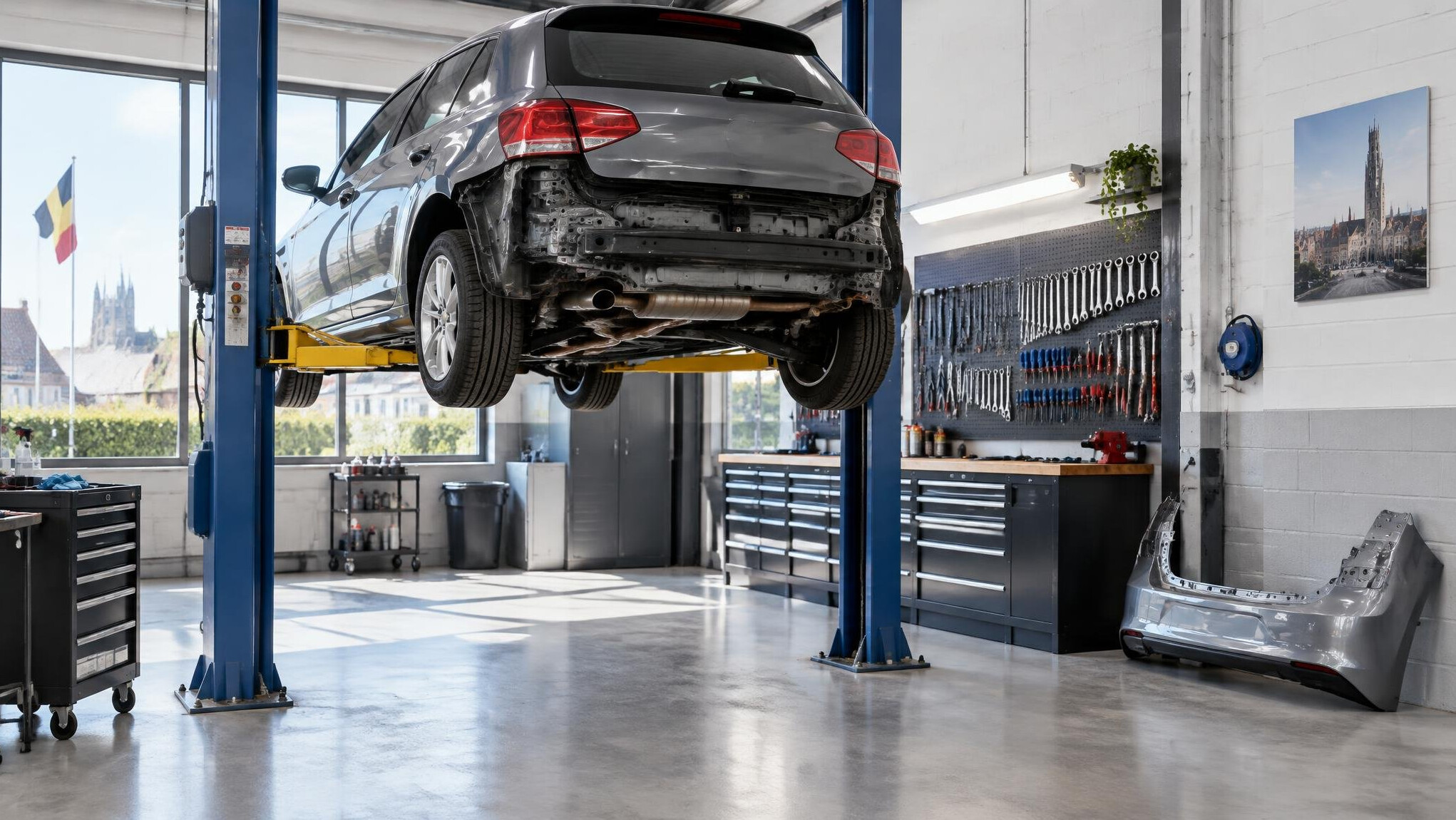 Car body repair workshop with a vehicle on a lift